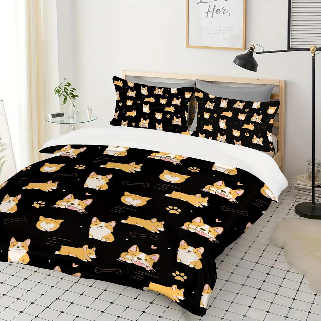 Cute Corgi Bedding Set Twin Size, Cartoon Dog Paws Footprint Duvet Cover Set 3pcs For Bed Decor, Smiling Corgi Pet Comforter