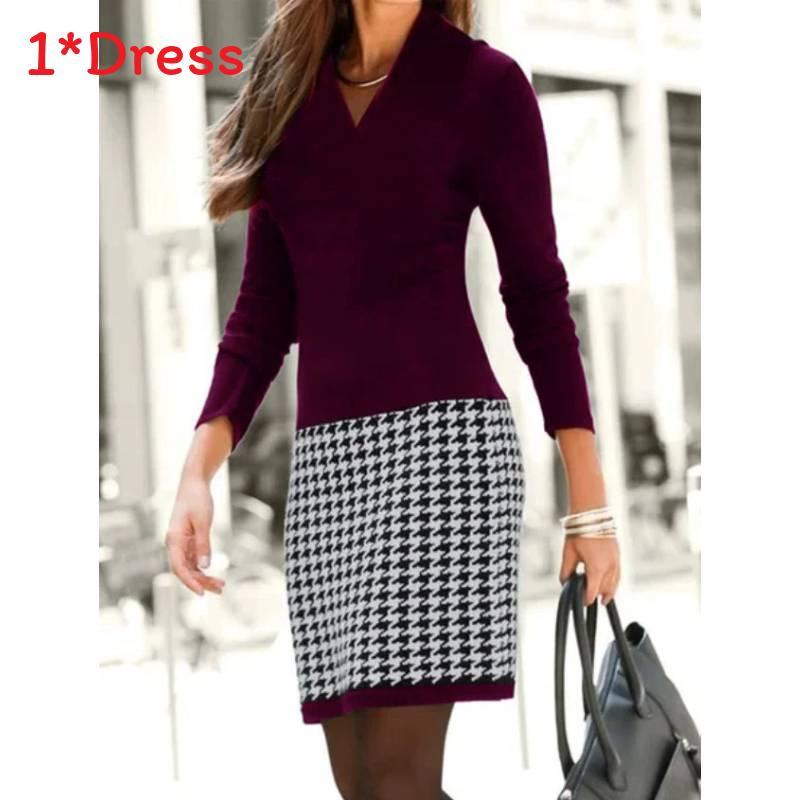 Elegant Polyester Knit Long Sleeve Vneck Patchwork Dress For Winter