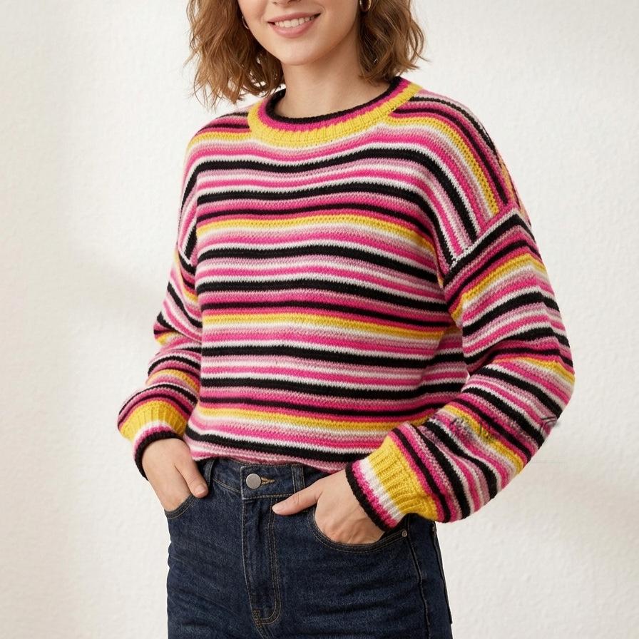 Damen Gestrickter Pullover mit Streifen Rundhals Langarm Bunter Häkel-Pullover Top