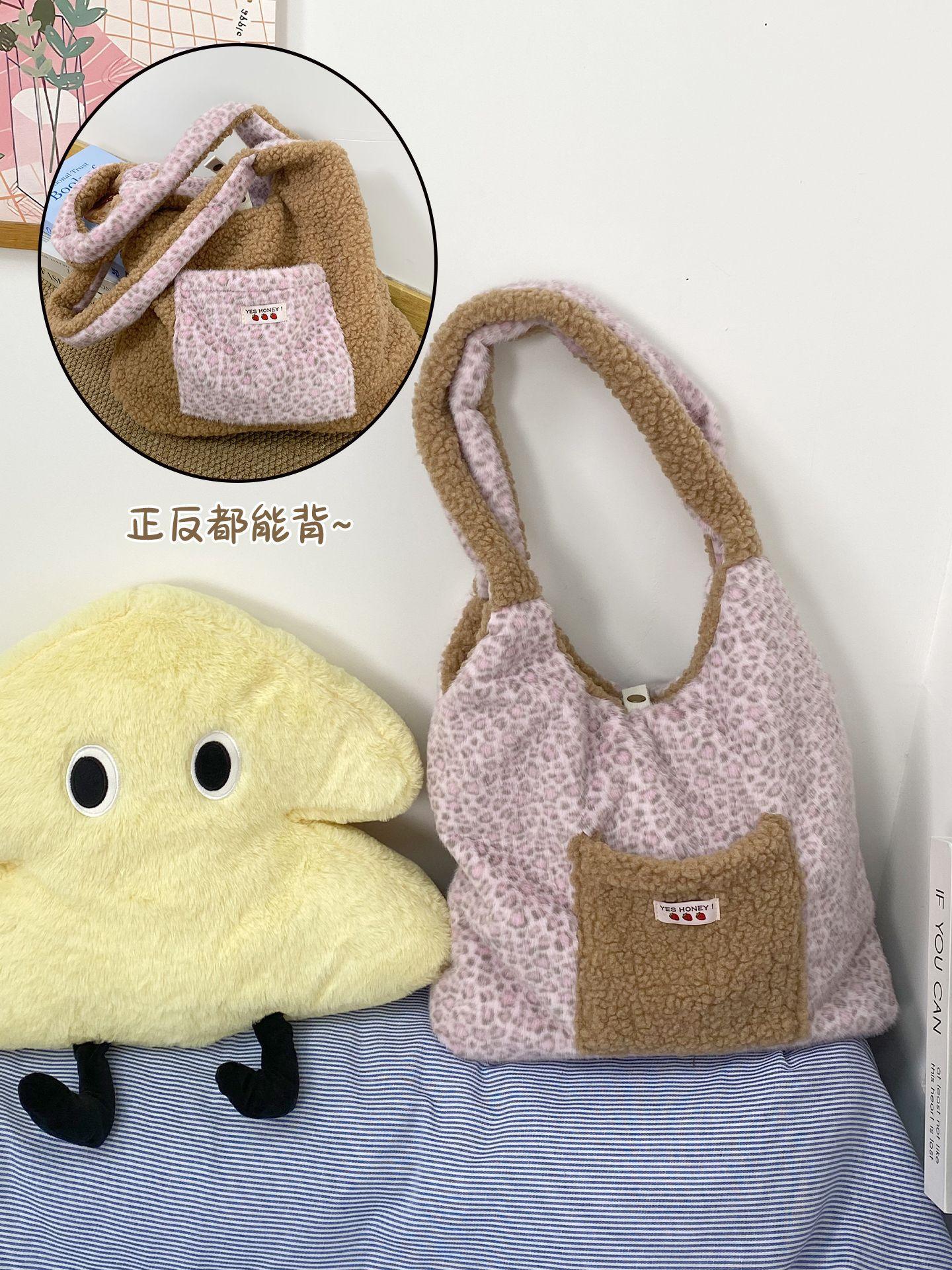 

Vintage Leopard Double Sided Women Plush Shoulder Bags Large Capacity Furry Tote Vest Bag College Girls Faux Lamb Wool Handbags