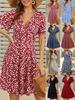 Women's Floral V-Neck A-Line Wrap Dress - Short Sleeve, Summer Style