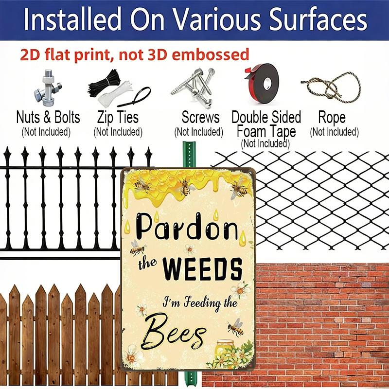 Piatto 2D, 1 pz Cartello in Alluminio "Scusate le Erbacce Sto Nutrendo le Api" - 8"x12" Decorazione Rustica con Api e Fiori, Perfetto per Patio, Giardino & Api