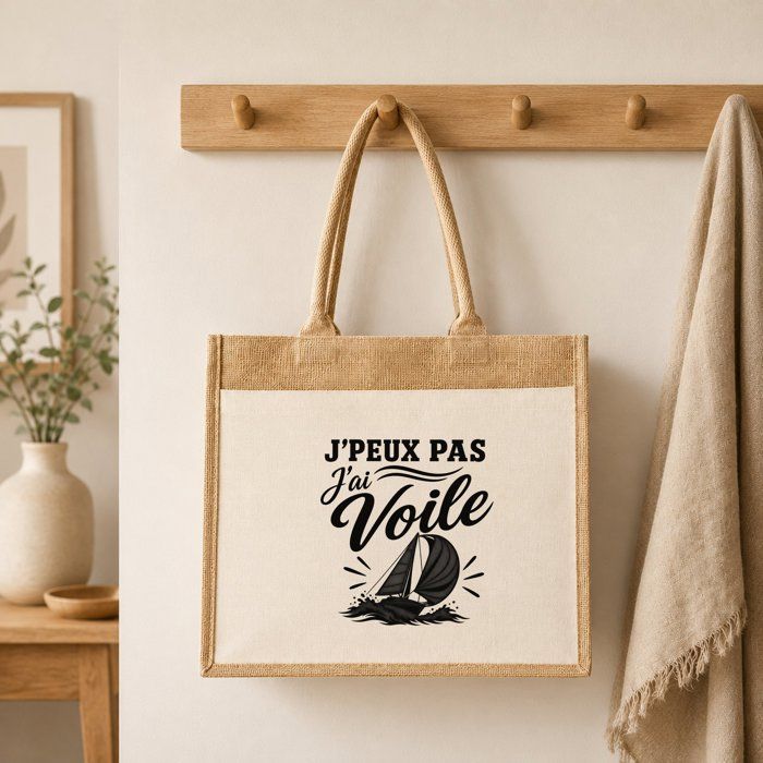 Sac cabas - PLANETEE - J'peux pas j'ai Voile (minimaliste) - Toile de jute & coton - 43×33×21 cm - 21 L