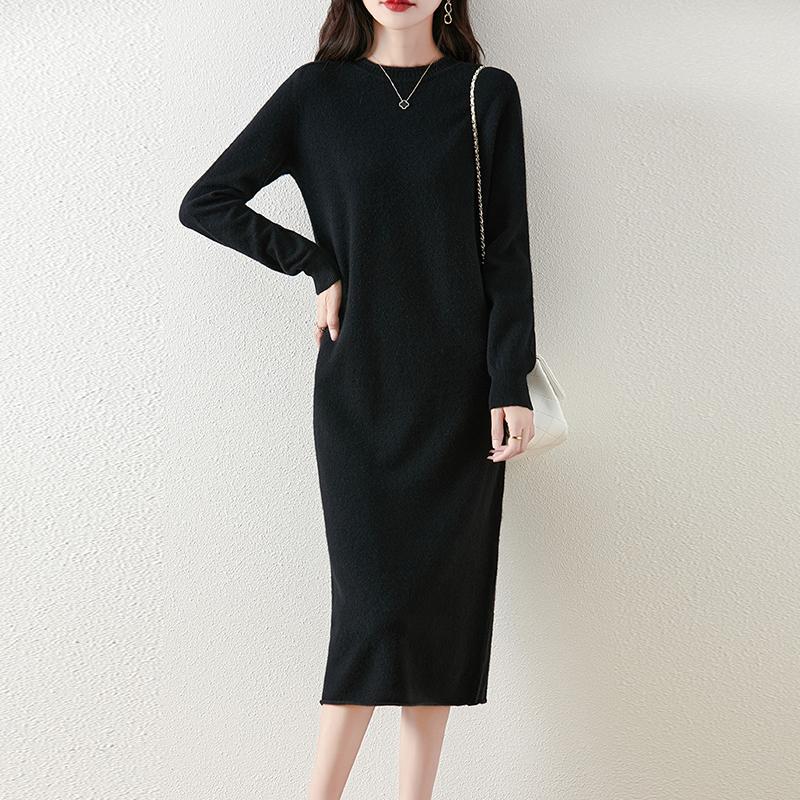 Damen Pulloverkleid 100% Wolle MODERN NEW SAGA O-Ausschnitt Strick Langer Pullover Winterpullover Wolle Langes Kleid Weiblich