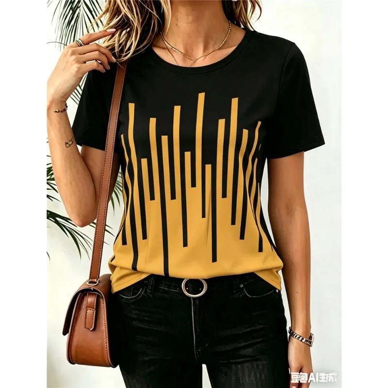Moda Donna Girocollo Manica Corta Stampa Colore 3D Casual T-shirt Casual a Manica Corta Girocollo