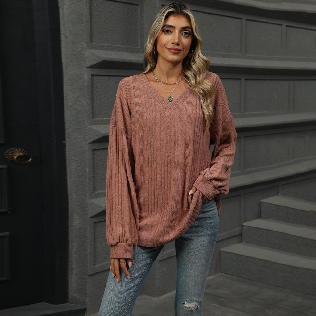 Fall Winter Women's Solid Color V Neck Loose Long Sleeve T-shirt Top Casual Daily Wear For Women