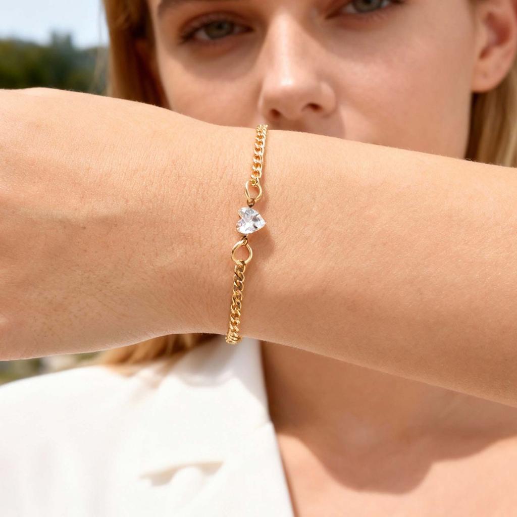 2pcs Fashion Heart Zircon Stainless Steel Bracelet for Women Men, Waterproof Simple Gold Color Jewelry Set for Couple Lover Gift