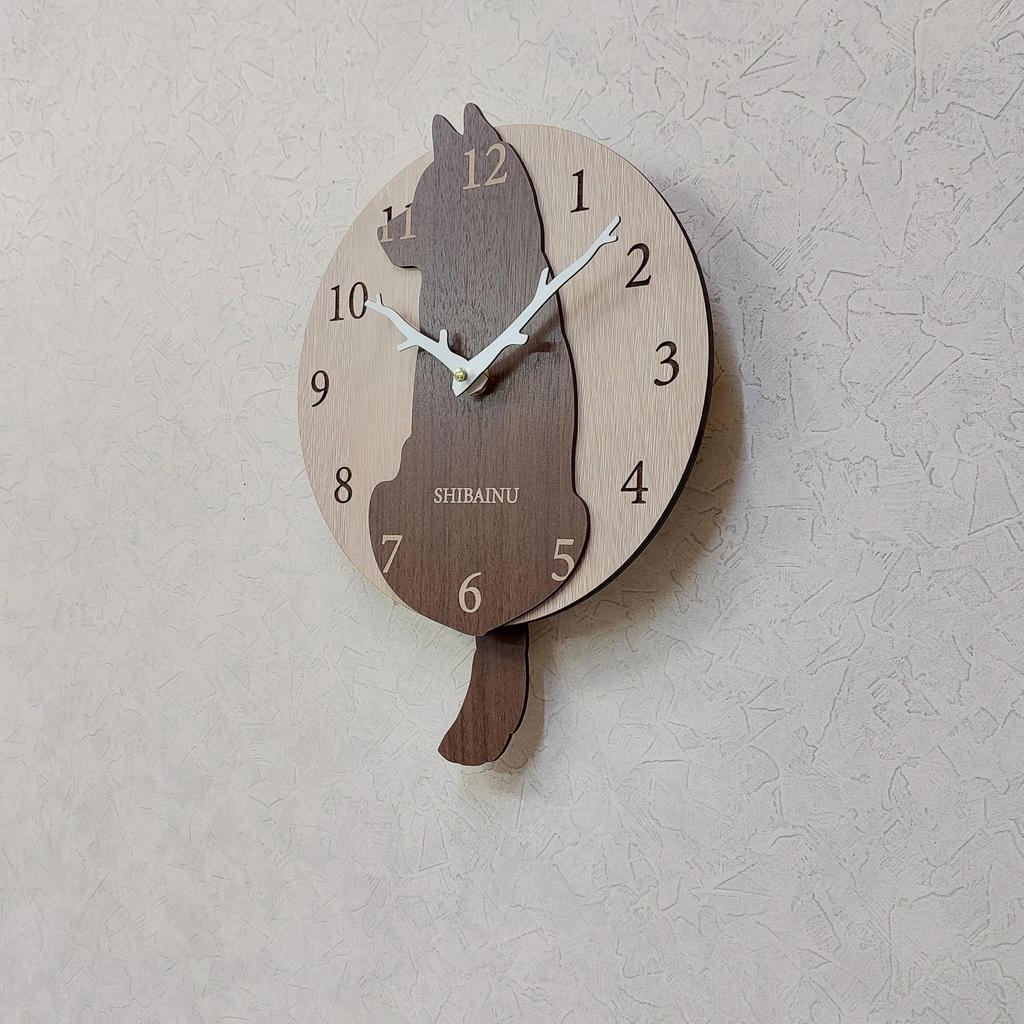 Shiba Inu Brown Wall Clock with Pendulum, Wooden Design, Quiet, Natural, Stylish, Dog Lover's Gift, Dog Motif, Nordic Style, Cute, Wagging Tail