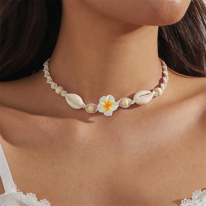 Bohemia Conch Beads Braided Necklaces For Women Pink Green Cute Little Daisy Flower Choker Hand Woven Summer Beach Party Jewelry