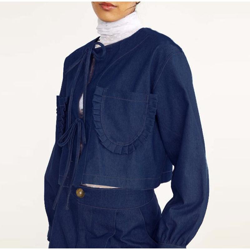 

Новая модная женская джинсовая куртка с длинным рукавом и завязками 2025 года, повседневная куртка в уличном стиле с карманами, удобная для кожи, свободная рубашка, топы XL темно-синий