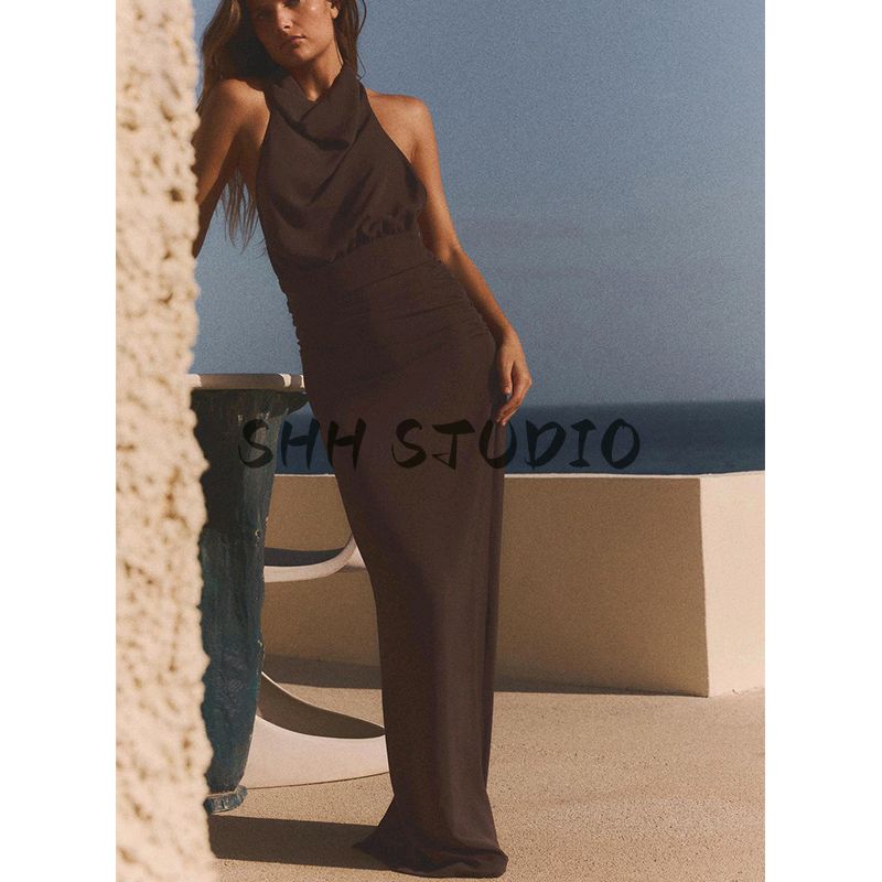 Summer New Arrival Women's Elegant Backless Dress Ruched Hanging Collar Sleeveless Dress 3152312