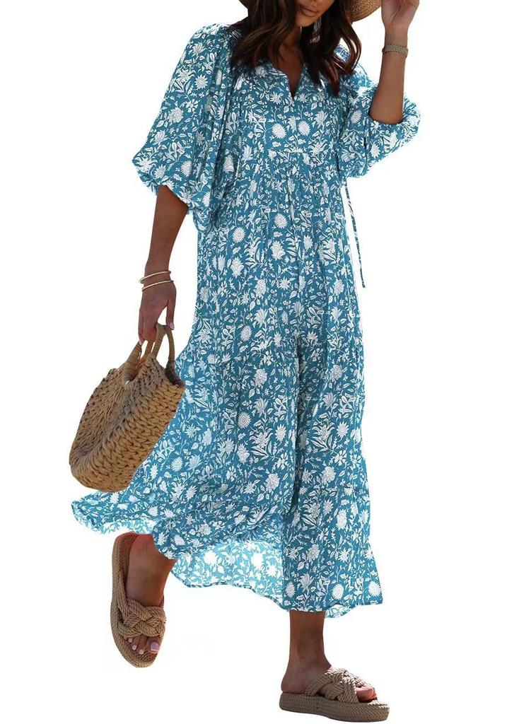 2023 Autumn New Independent Station Hot-selling Geometric Printing Bubble Sleeve Dress Street Fried Street Large Size Women's Clothing