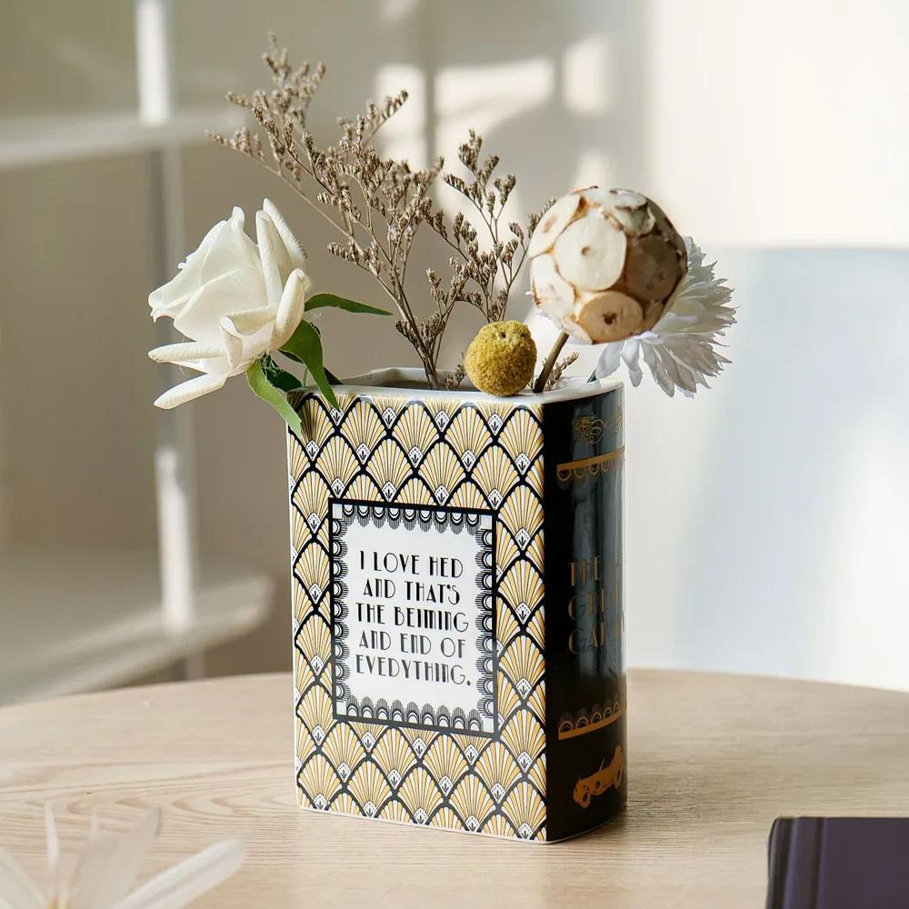 Creative Square Painted Flowers Book Ceramic Vase Flower Arrangement Art Crafts Irregular Table Vase Ornaments Home Decoration