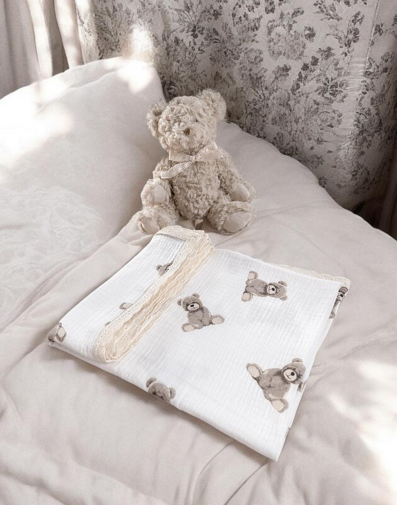 MUSLIN BLANKET 100X75 WITH LACE Bear