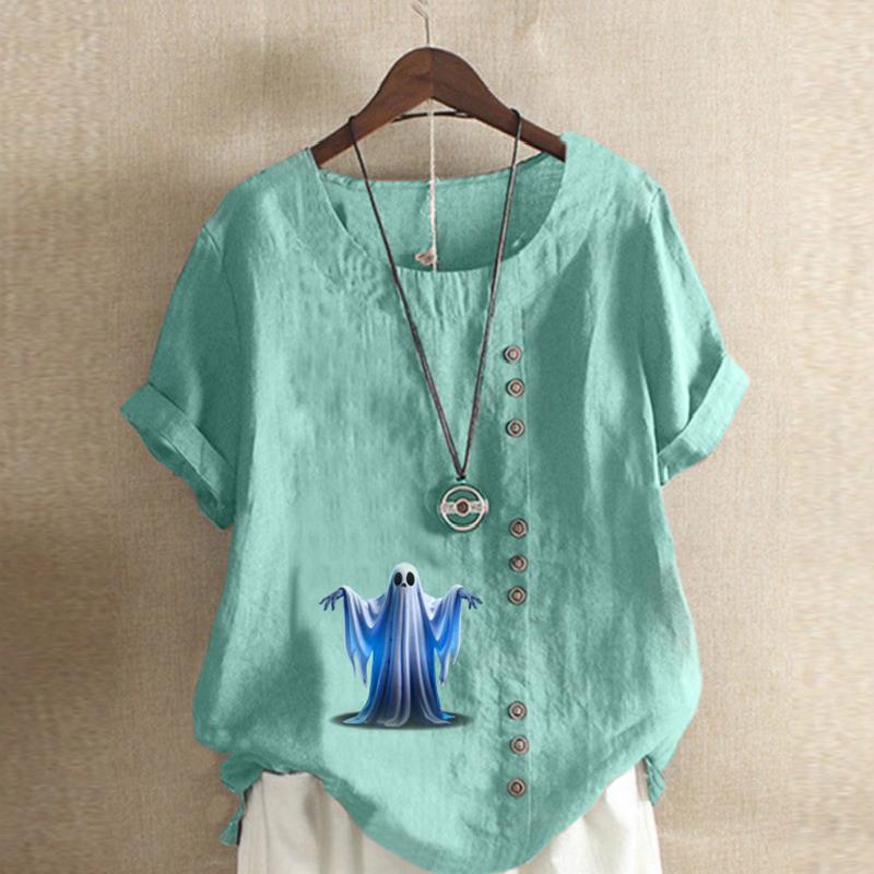 Women's Fashion Ghost Prined Round Neck Short Sleeve T-shirt Casual Cotton Linen Graphic Shirt Leisure Loose Summer Blouse Tops