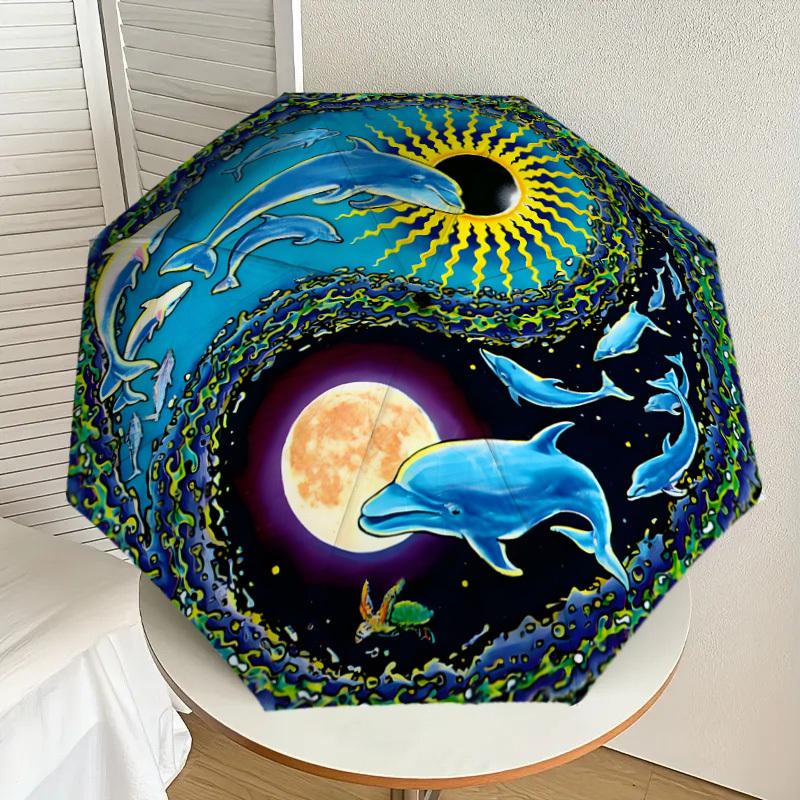 

1pc Dolphin Moon Wave Artwork Umbrella with Plastic Handle,Suitable for All Seasons Home Travel Outdoor UmbrellaDD1169