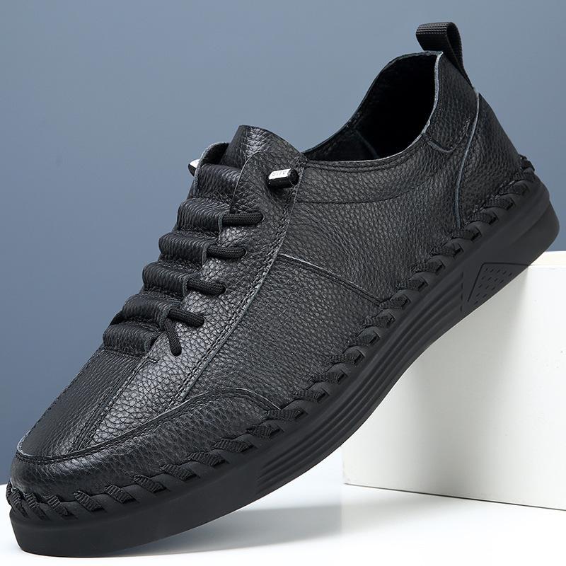 

Men s leather shoes autumn new leather trend versatile British platform lace-up cowhide business casual Doudou shoes men 44 чёрный