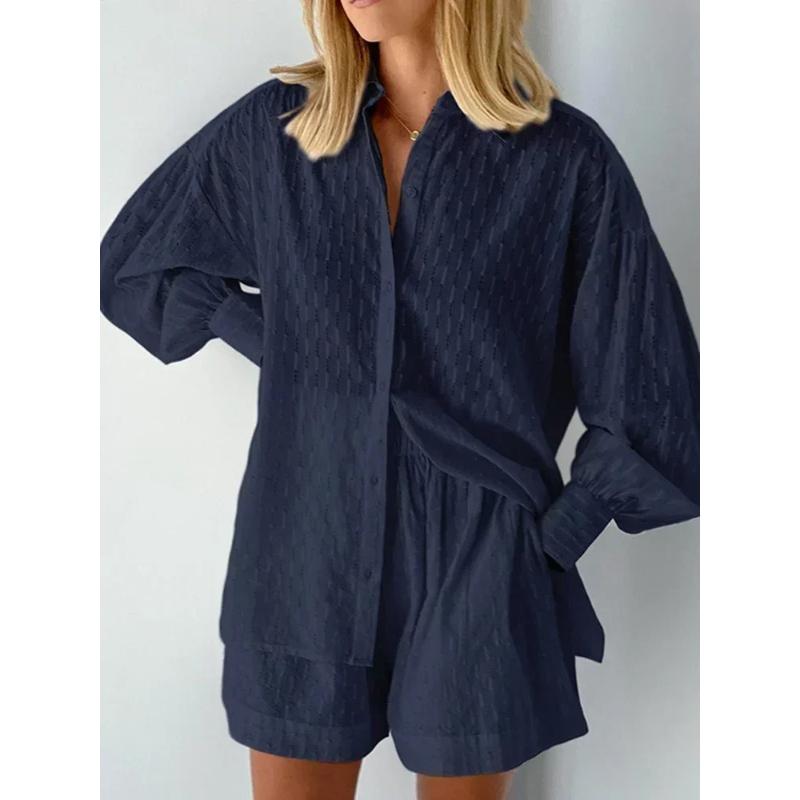 

Casual Loose Women Short Two Piece Set Suit Fashion Blouse Long Sleeve Shirt Lady Simple Style Shorts Streetwear Blouse Tops 3XL темно-синього кольору