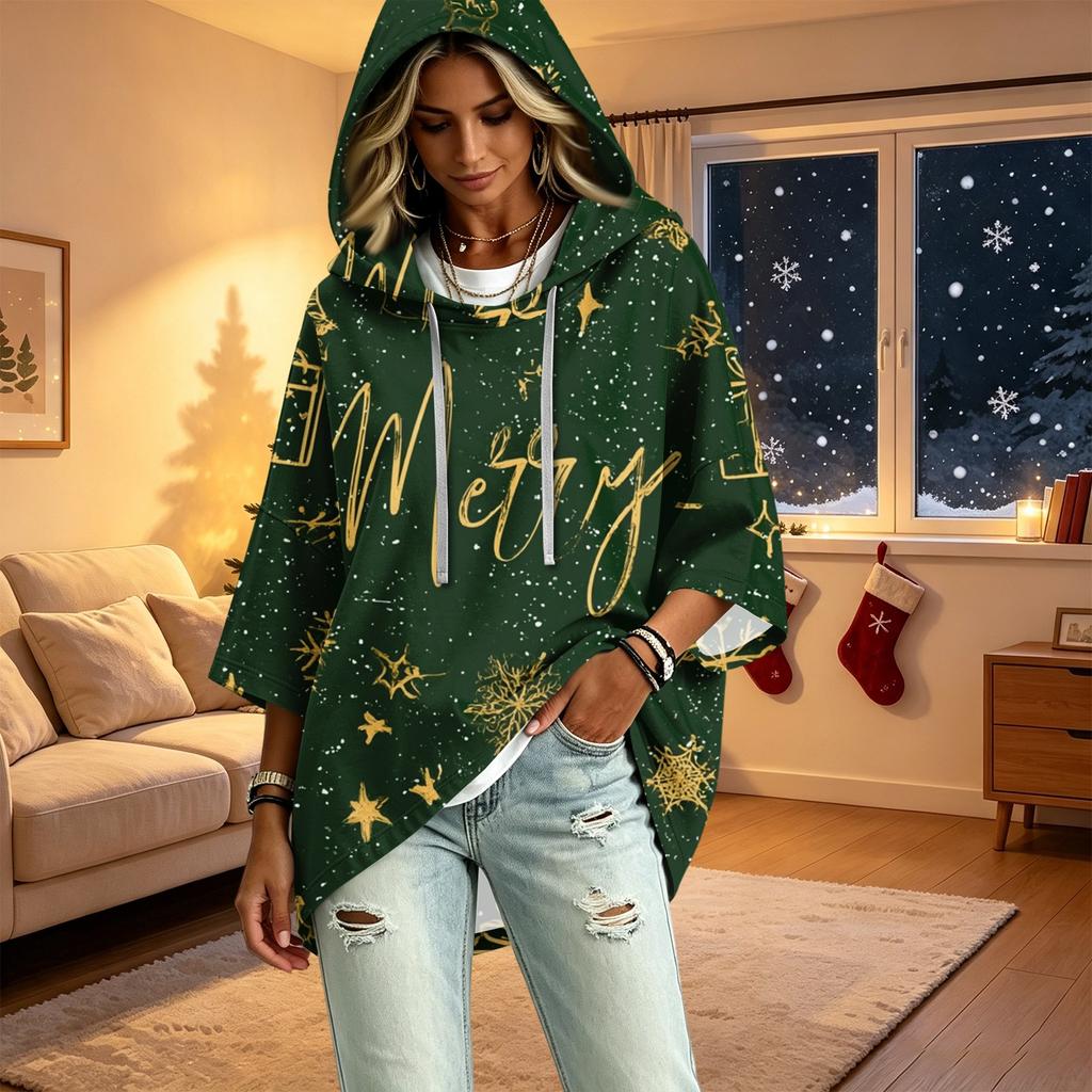 Women's Christmas Print Three-Quarter Sleeve Hooded Pullover Top
