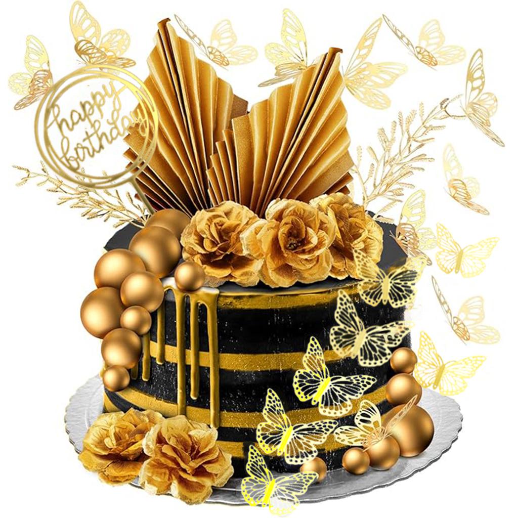 53 Stück Blumendeko für Kuchen Goldkugeln Dekorationen Boho Deko Schmetterling Geburtstag Hochzeit Babyparty Party Dekoration