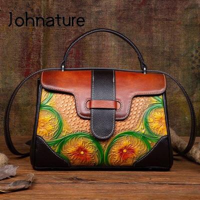 Handmade Embossed Women Bag Genuine Leather Versatile Handbag Nature Cowhide Shoulder Bags