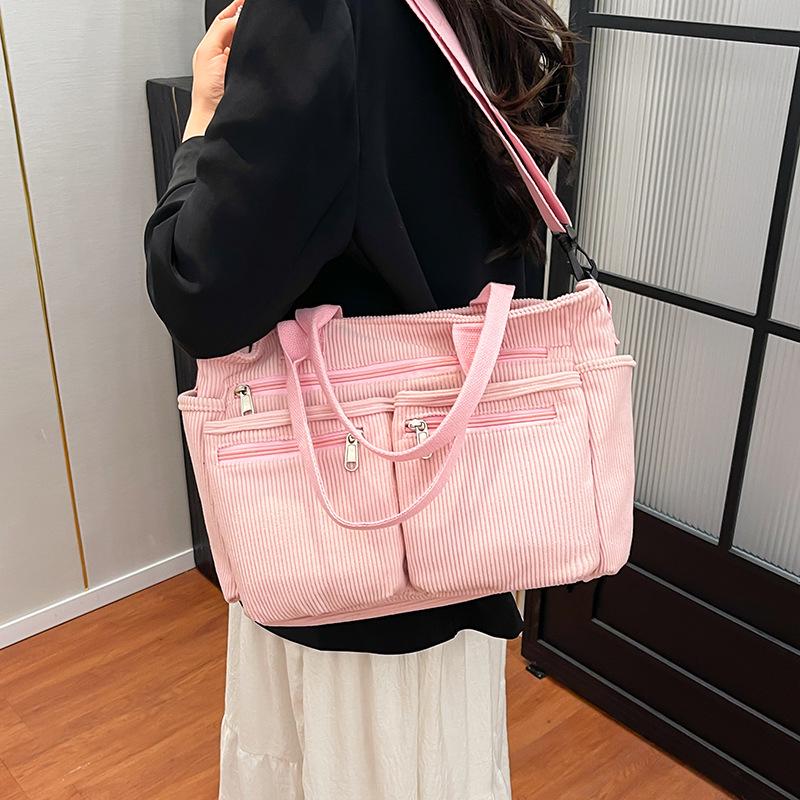 2026 Women's Large Capacity Corduroy Tote: Korean Style Multi-Pocket Handbag & Versatile Crossbody Bag