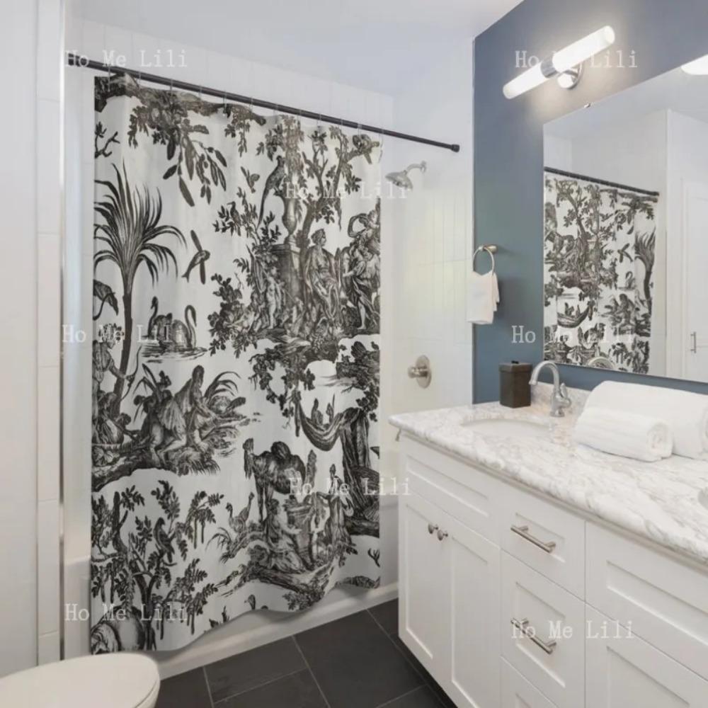 

Shower Curtain Black Toile De Jouy Print Vintage Pattern European Antique Country Cottage Farmhouse Bathroom Decor 90x180 cm