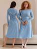 Women's U Neck Long Sleeve Maxi Dress Loose Fit Elastic Waist Fresh Sweet Ribbed Knit Flared Skirt Back Tie Casual Long Gown