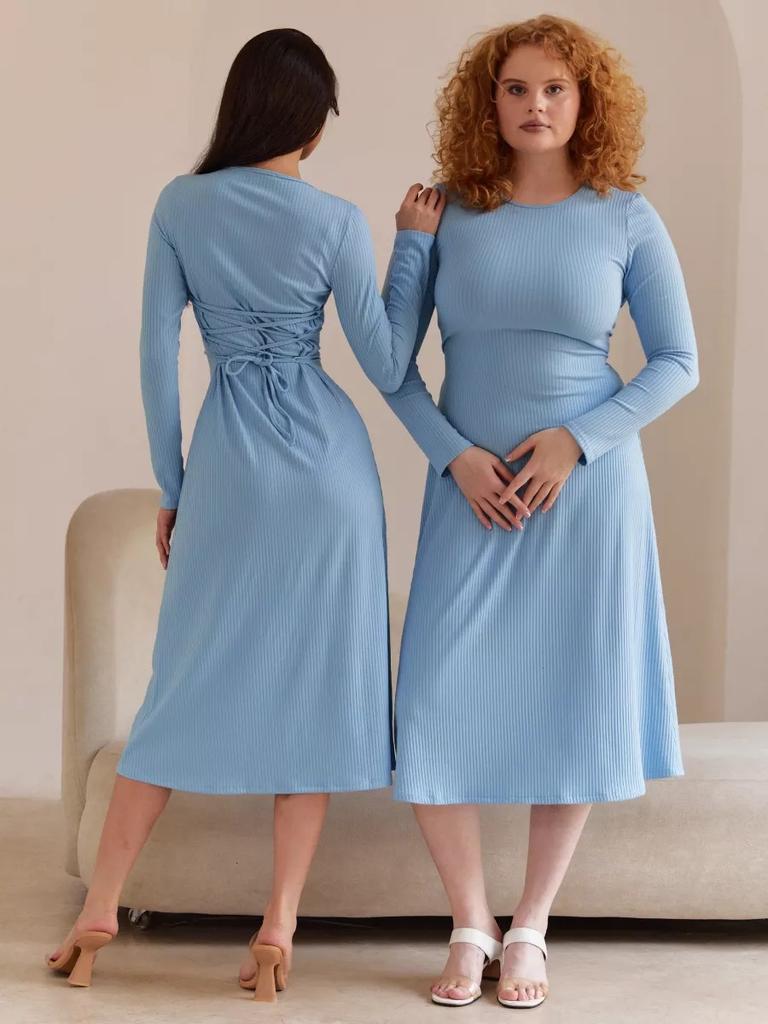 Women's U Neck Long Sleeve Maxi Dress Loose Fit Elastic Waist Fresh Sweet Ribbed Knit Flared Skirt Back Tie Casual Long Gown