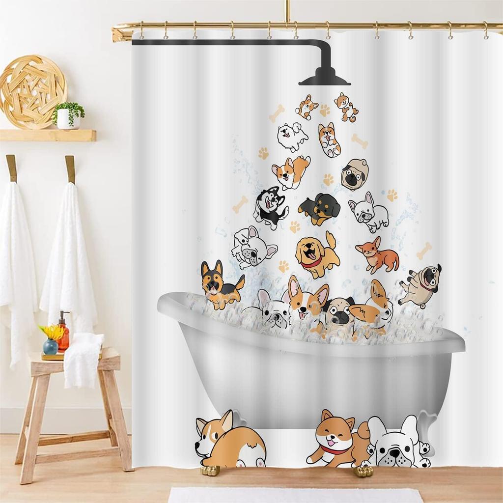 Cute Raining Dogs Shower Curtain,Funny Dog Cartoon Corgi Kids Shower Curtains Hilarious Cute Animal Pets Playing Water Design