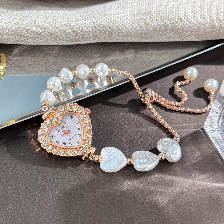 Love Diamond-encrusted Women's Watch Full of Diamonds Peach Heart Digital Pearl Double Spell Bracelet Watch