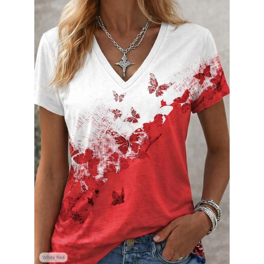 Women Summer T Shirt Beautiful Flower Print Short Sleeve Tees Casual Printed Tops XS красный