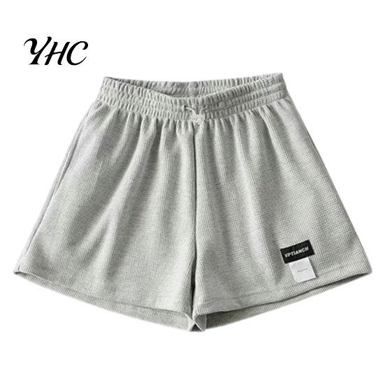 Loose Bottoms High-Waist Elastic Waistband Pockets Waffle Texture Women Shorts Fitness Wide Leg High Waist Sports Streetwear