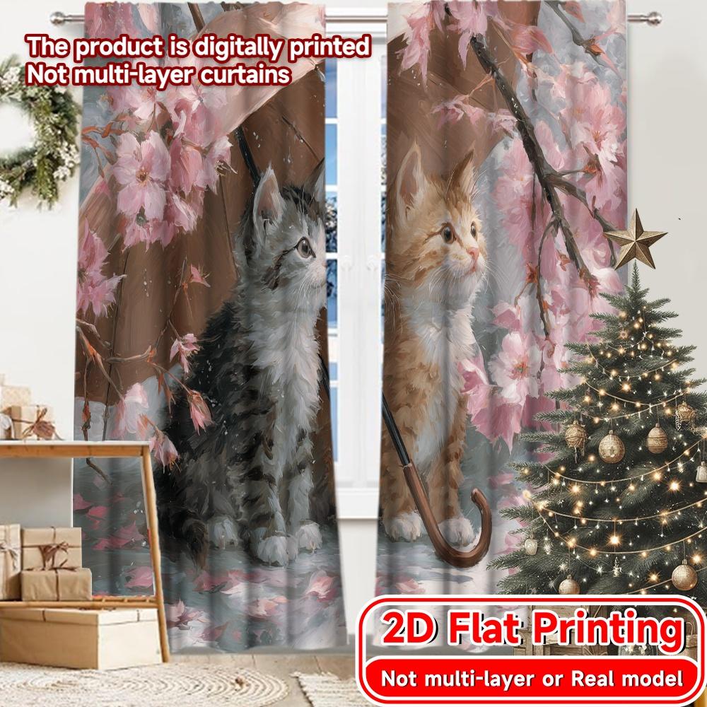 

Set Of 2 Flat Printing Blossom Kittens Chic Curtain Durable Polyester Fabric Curtains Home Decor Suitable Living W100*H70(CM)-Hooks&1PCS