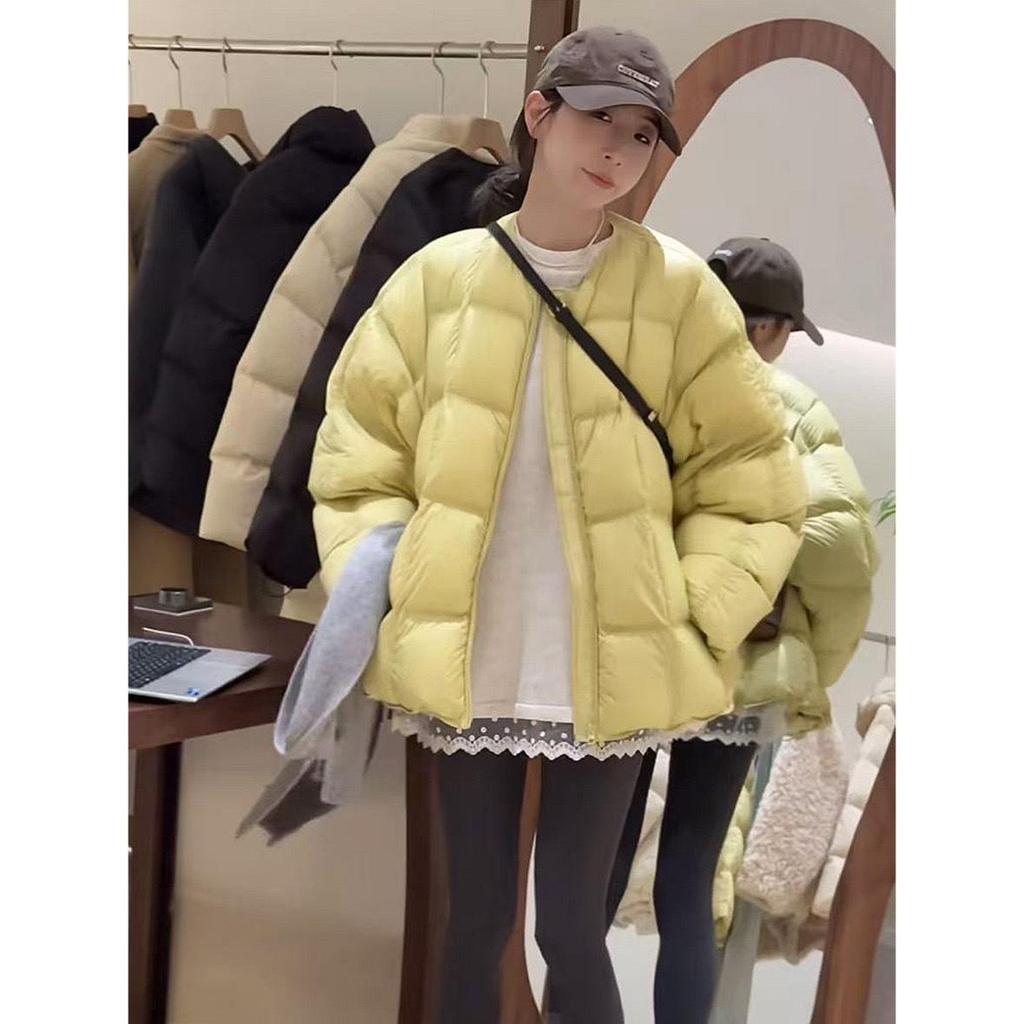 2024 Women's Fashionable Plaid Down Jacket - Casual Round Neck, Loose Fit, Warm Winter Coat