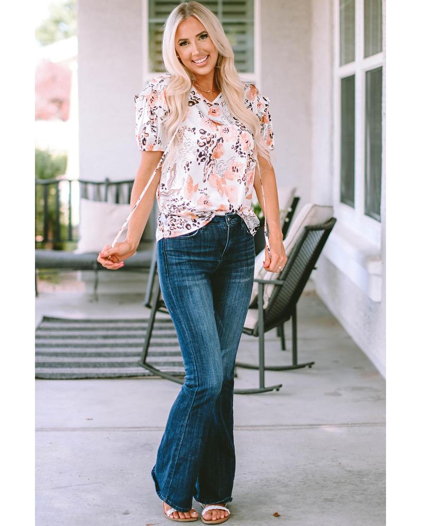 Azura Exchange Leopard Floral Print Puff Sleeve Blouse