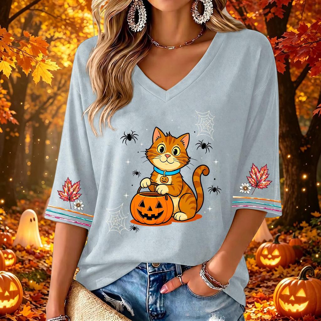 Women's Casual V-Neck Halloween Print Three-Quarter Sleeve Blouse for Halloween Party