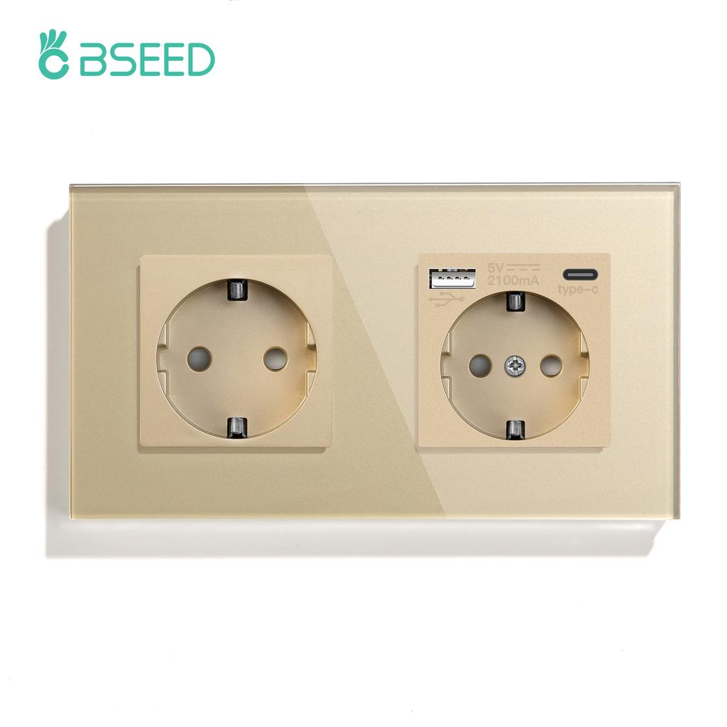BSEED Double EU Wall Socket Type-c USB Power Sockets Android Apple Mobile Phone Charging Ports Glass Panel 16A