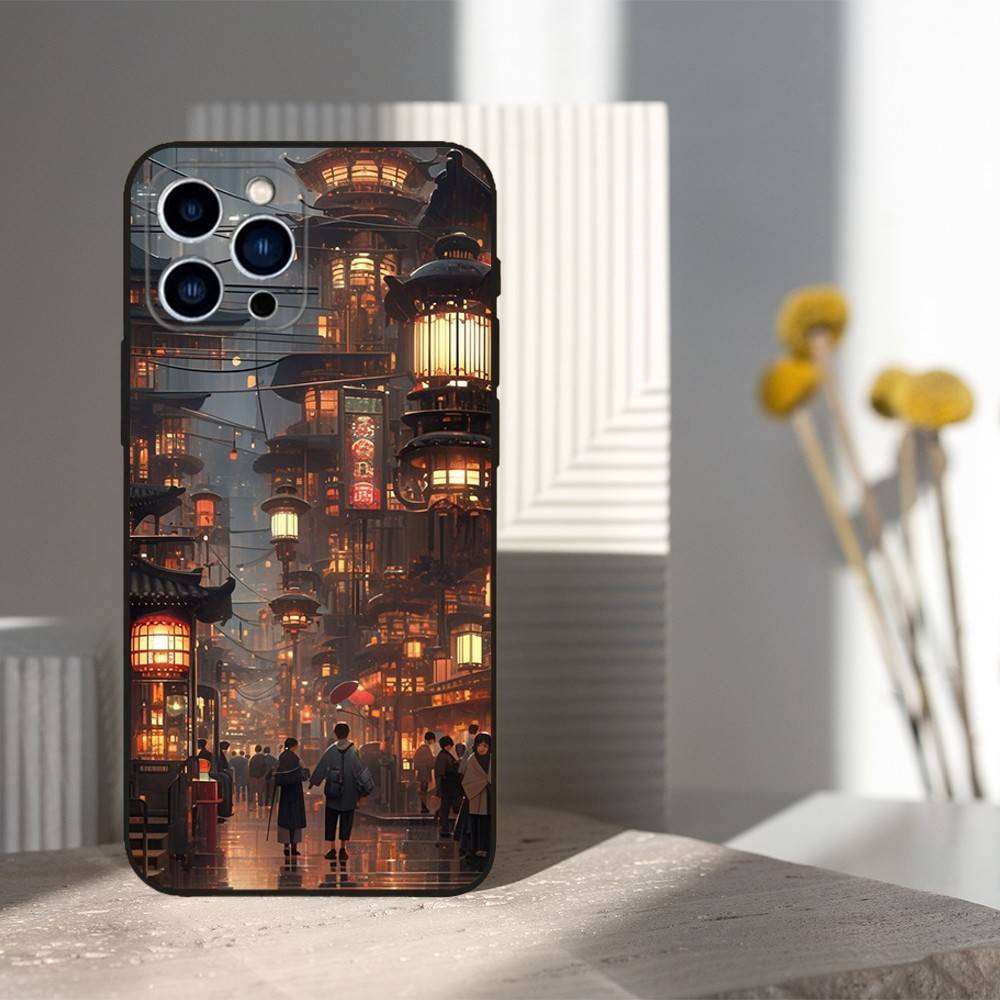 Japanischer Kunststil Hülle Für iPhone 11,12,15,14,13,16,17,Plus,Pro Max,XS,X,XR,SE,Mini,8,7,Weiches Silikon Schwarz