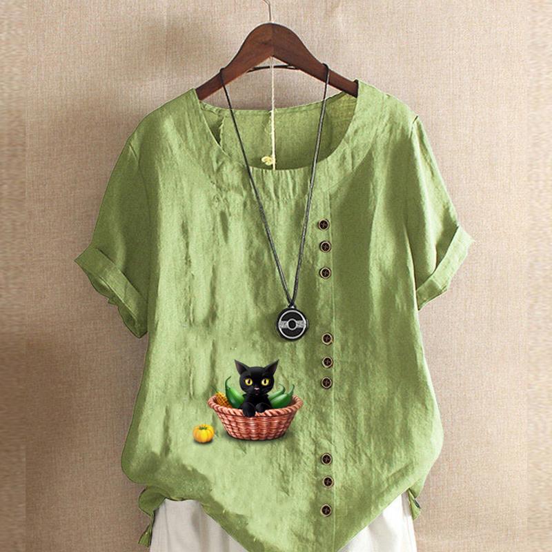 

Женская модная футболка с круглым вырезом и короткими рукавами с принтом кота, повседневная хлопково-льняная рубашка с рисунком, свободная летняя блузка для отдыха, топы 5XL зелёный