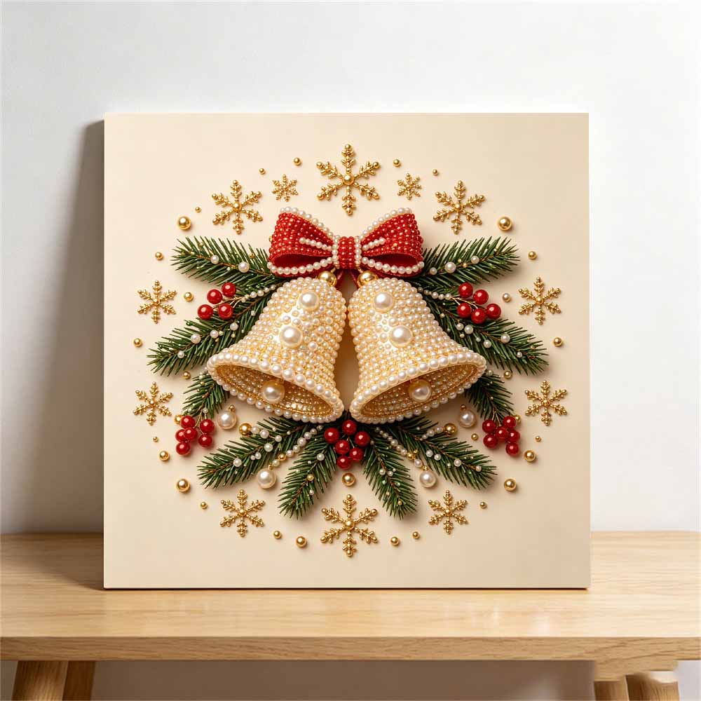 Framed Pearl Bead Art Set with Christmas Bells Design DIY Sparkling Canvas Painting Relaxing Hobby Gift for Holiday Room Decoration