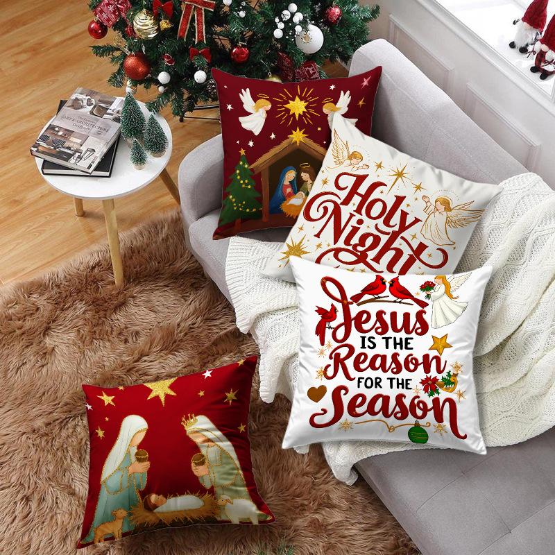 New Christmas Festival Atmosphere Linen Jesus Cartoon Print Living Room Bedroom Cushion Cover Digital Printing