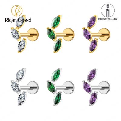 Clou de Labret Triple Marquise en Titane ASTM F136 Grand Droit 16G Cluster de Zircon Cubique Climber Boucle d'Oreille Cartilage Tragus Helix Piercing d'Oreille