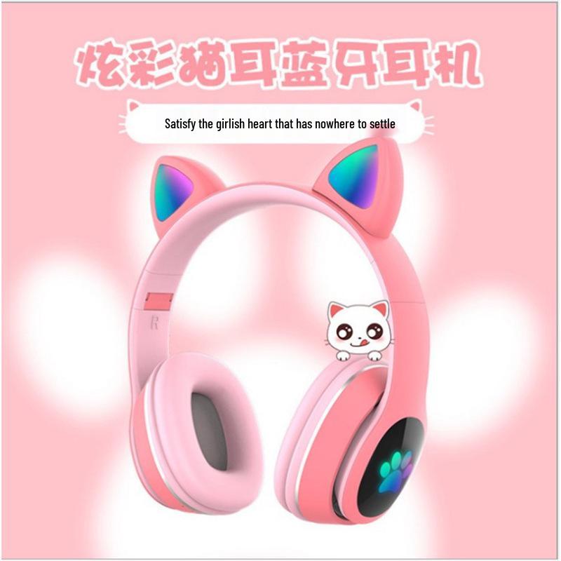 Cute Luminous Cat Ear Bluetooth Headphones for Kids - Trendy Wireless Headset for Girls