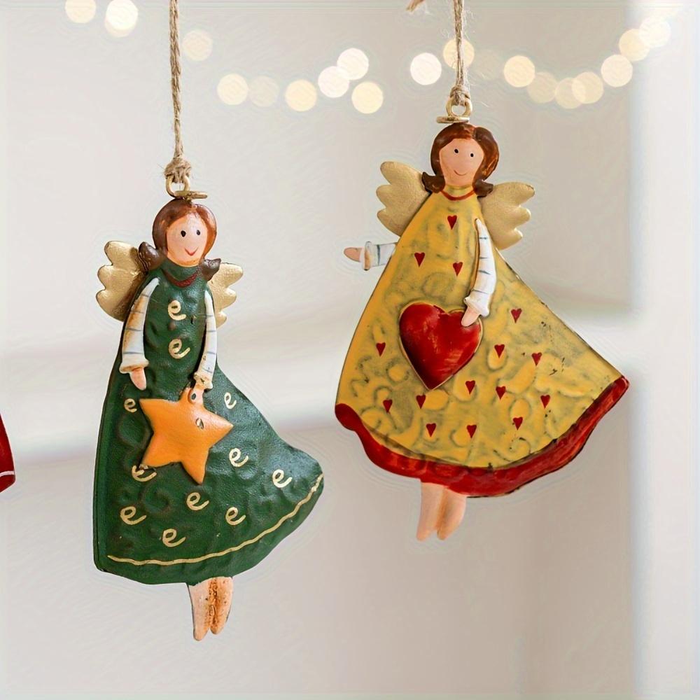 Set of 4 Vintage Angel Hanging Decorations – Fantasy Wooden Xmas Tree Decor, Lightweight, No Power Needed