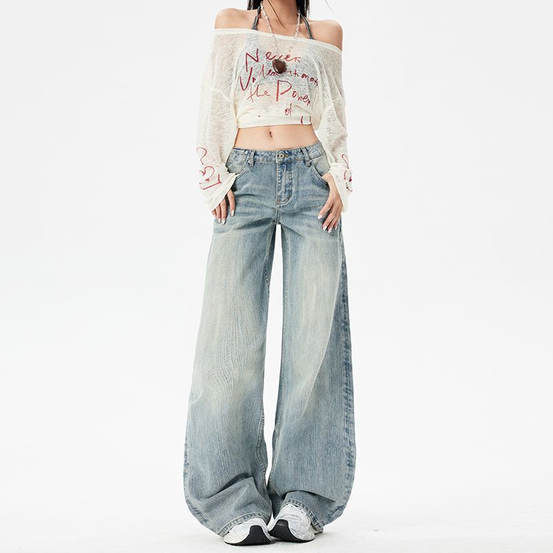 Spring Summer Distressed Light Slub Mid Low Waist Straight Floor Wide Leg Denim Pants For Women Casual Pants Oversize Denim Trousers