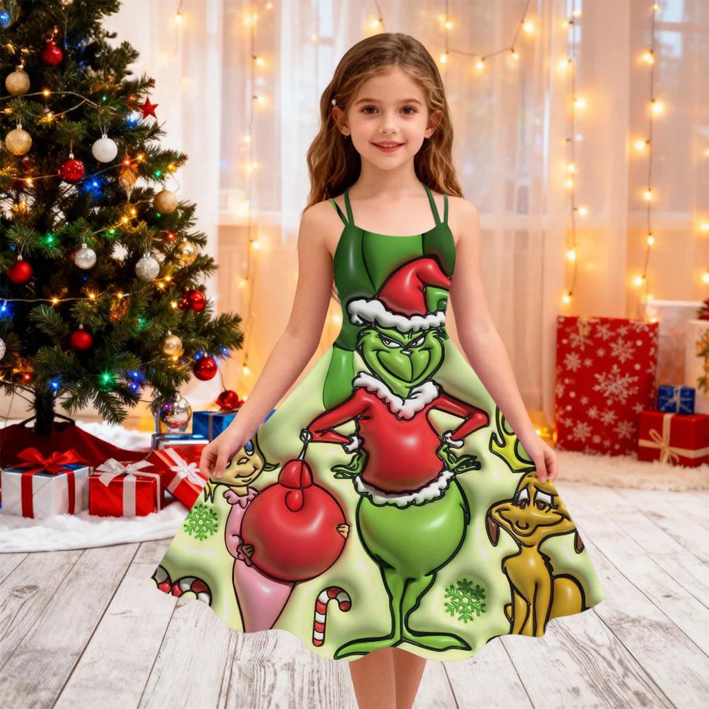 Children's Fashion Casual Christmas Print Off-Shoulder Punk Vintage Dress
