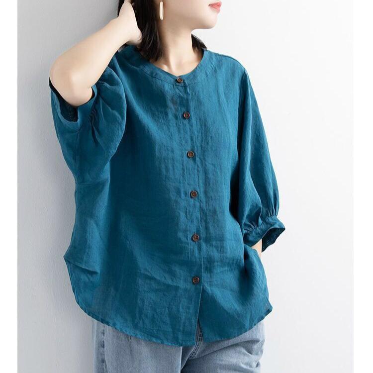 Women Solid Color Cotton Linen Shirt O-neck Lantern Sleeve Casual Loose Blouse Tops