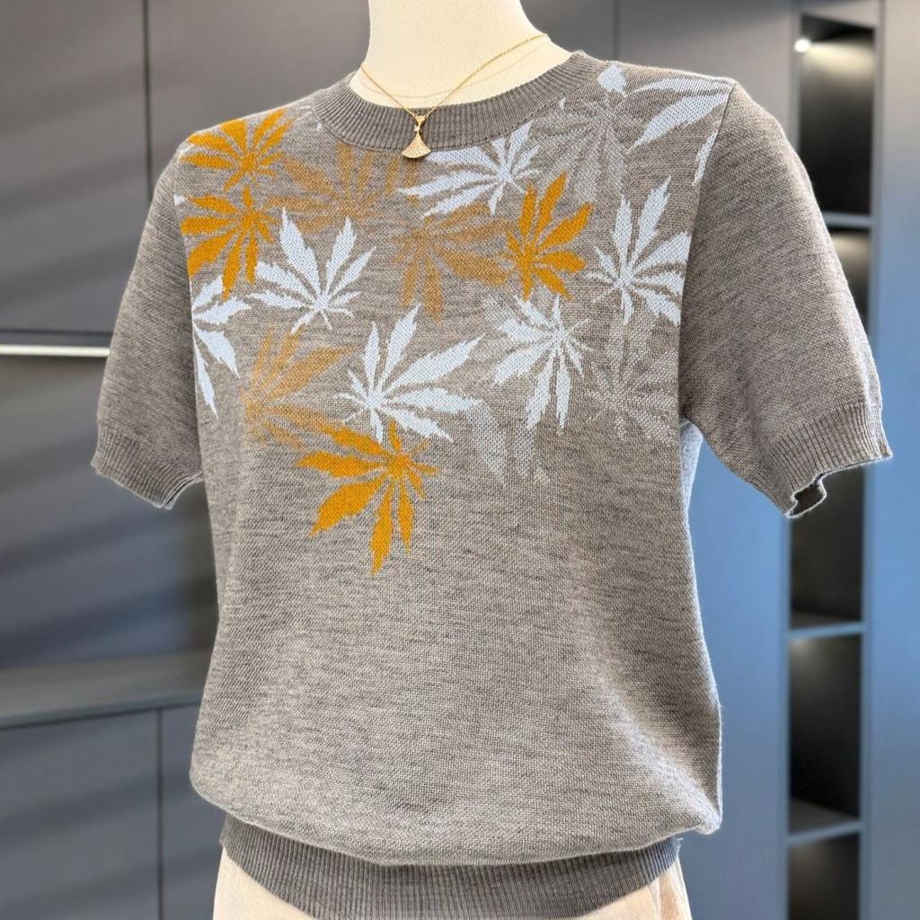 2PCS Thin Knitted Tops Women Printed Cardigan Short Sleeve Knitted T-Shirt Two-piece Round Neck Knitted Cardigan Jacket T-Shirt