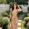 Vacation-style Small Fly-sleeve Square-neck Floral Dress for Women, Summer French Vintage Waist-cinching Tea Break Dress, Long Dress
